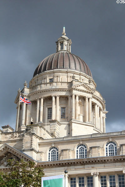 Dome atop Port of Liverpool Building one of The Three Graces of Liverpool waterfront. Liverpool, England.