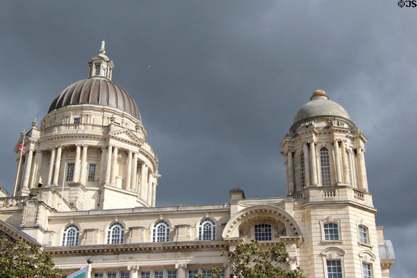 Domes atop Port of Liverpool Building at Pier Head. Liverpool, England.