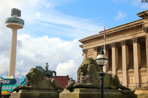 Radio City Tower over Lion statues at St George's Hall. Liverpool, England.