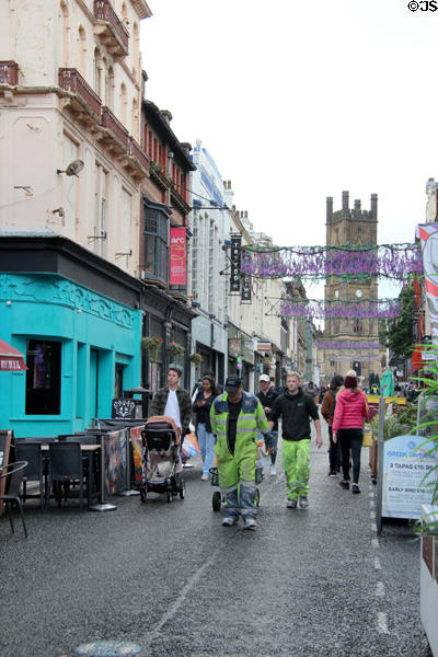 Bold Street pedestrian mall looking to St Luke's Bombed Out Church. Liverpool, England.