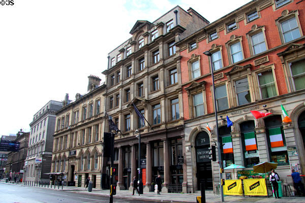 Heritage commercial buildings (c1869) along Victoria St. Liverpool, England.