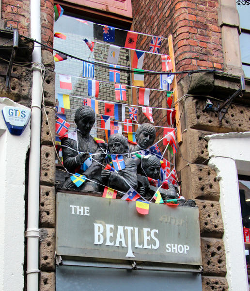 Sculpted fab four at Beatles Shop on Mathew Street. Liverpool, England.