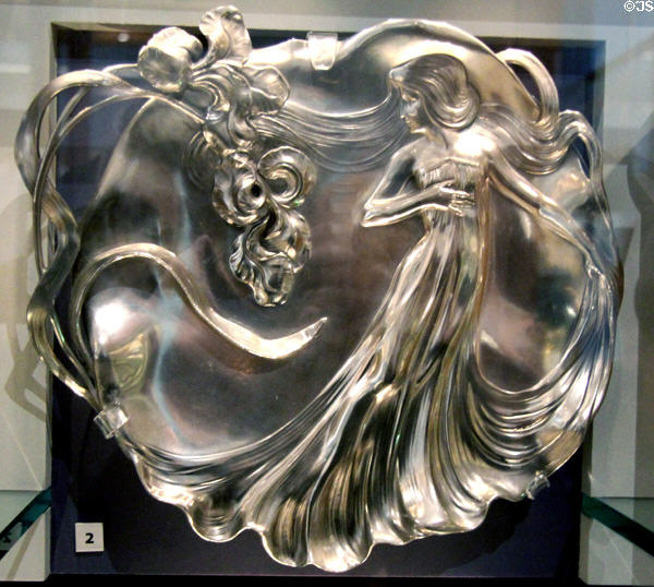 Art Nouveau silver-plated pewter dish with female figure (c1900) by Wurttembergische Metallwarenfabrik at Walker Art Gallery. Liverpool, England.