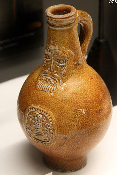 Stoneware bottle (aka Bartmann or bellarmine jug) from Frechen, Germany used for alcoholic export at Walker Art Gallery. Liverpool, England.