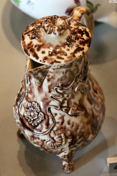 Tortoiseshell ware hot milk jug (1750-60) from Staffordshire at Walker Art Gallery. Liverpool, England.