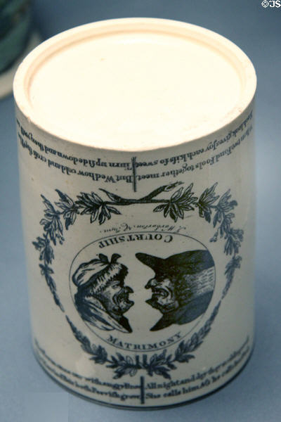 Creamware mug with transfer-print of smiling couple in courtship which when empty is turned over to show frowning faces of matrimony (c1800) by Carr Hill Pottery of Gateshead at Walker Art Gallery. Liverpool, England.