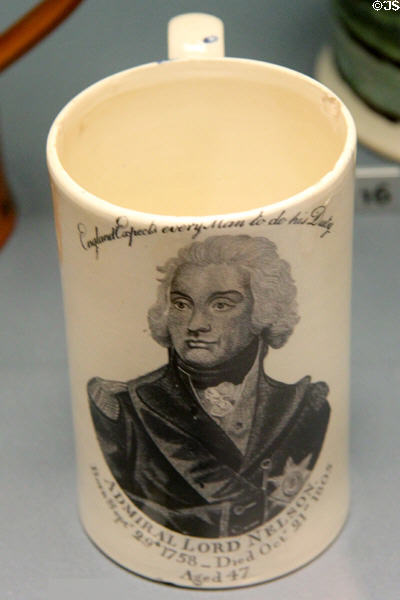 Creamware mug with transfer-print of Admiral Lord Nelson (c1805) killed a Trafalgar at Walker Art Gallery. Liverpool, England.