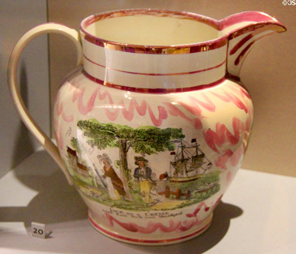 Earthenware lusterware jug transfer-printed & painted with ship scene (c1820) made in Sunderland at Walker Art Gallery. Liverpool, England.