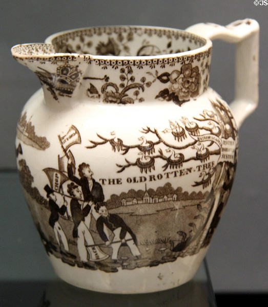 Earthenware jug transfer-printed with 'Old Rotten Tree' symbolic scene promoting reform bill for rotten British Parliament (1822) at Walker Art Gallery. Liverpool, England.