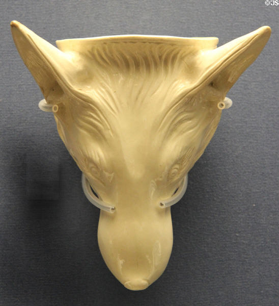 Creamware stirrup cup in shape of fox's head for use by huntsmen in the saddle (1770-1810) at Walker Art Gallery. Liverpool, England.