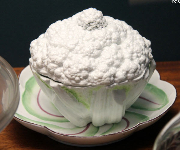Porcelain cauliflower-shaped dessert tureen (c1752-6) from Chelsea from Walker Art Gallery. Liverpool, England.