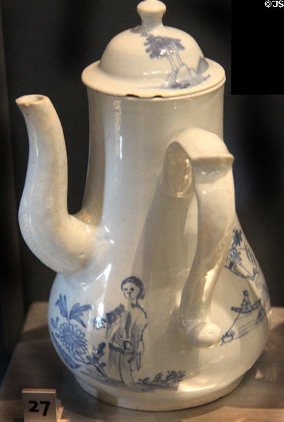 Tin-glazed stoneware coffeepot with handle & spout at right angle (1750-60) from Liverpool at Walker Art Gallery. Liverpool, England.