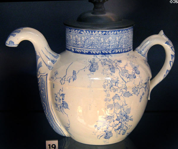 J.J Royle's patent self-pouring teapot which worked via air pressure created by pumping the cover (c1886) by Doulton of Burslem at Walker Art Gallery. Liverpool, England.