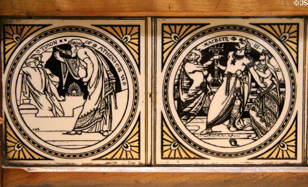 Washstand backsplash tiles (c1870) by Minton transfer printed with Shakespeare scenes: Timon of Athens & Macbeth at Walker Art Gallery. Liverpool, England.