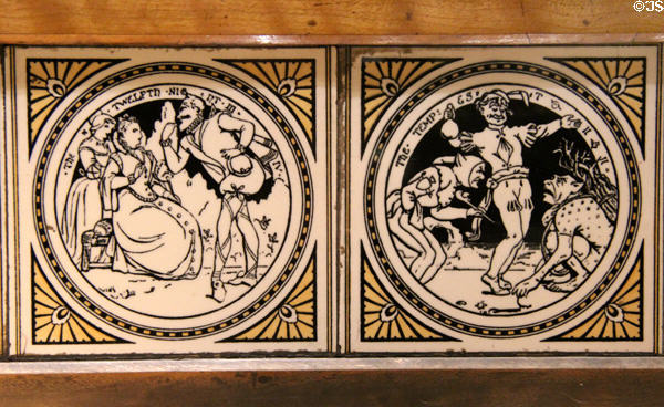 Washstand backsplash tiles (c1870) by Minton transfer printed with Shakespeare scenes: Twelfth Night & The Tempest at Walker Art Gallery. Liverpool, England.