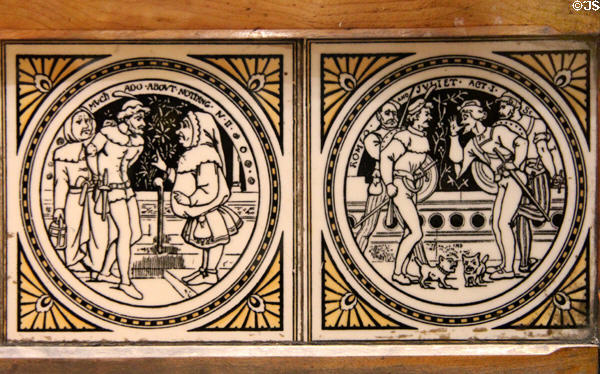 Washstand backsplash tiles (c1870) by Minton transfer printed with Shakespeare scenes: Much Ado & Romeo and Juliet at Walker Art Gallery. Liverpool, England.