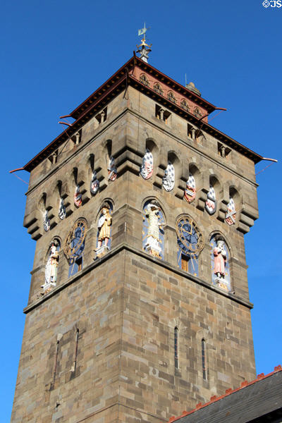 Figures representing principal planets with their zodiacs on Clock Tower at Cardiff Castle. Cardiff, Wales.