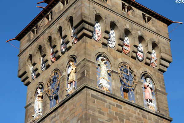 Details of zodiac figures on Clock Tower at Cardiff Castle. Cardiff, Wales.