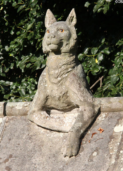 Stone carving of wild cat on Animal Wall (late 19th & early 20thC) sculpted by Thomas Nicholls & Alexander Carrick, outside Cardiff Castle. Cardiff, Wales.