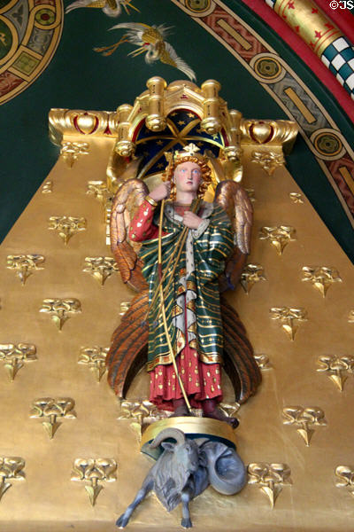 Detail of Love Conquers All chimneypiece in Winter Smoking Room at Cardiff Castle. Cardiff, Wales.