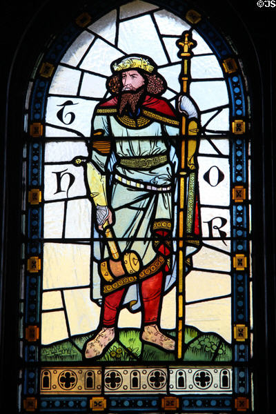 Stained glass window depicting Norse God Thor, in Winter Smoking Room, at Cardiff Castle. Cardiff, Wales.