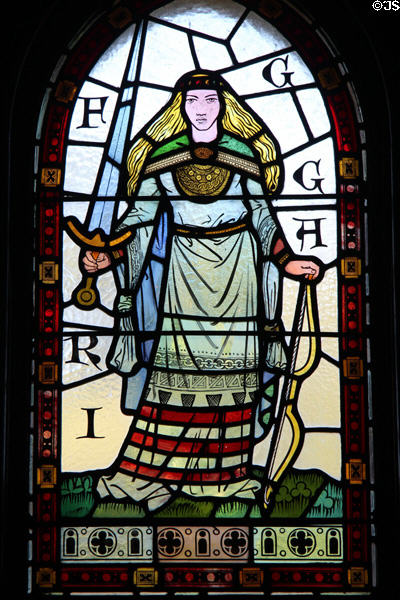 Stained glass window depicting Norse God Frigga, in Winter Smoking Room, at Cardiff Castle. Cardiff, Wales.