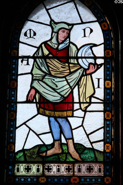 Stained glass window depicting Norse God Mani (Moon) in Winter Smoking Room, at Cardiff Castle. Cardiff, Wales.