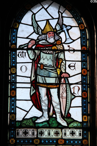 Stained glass window depicting Norse God Woden (aka Odin) in Winter Smoking Room, at Cardiff Castle. Cardiff, Wales.