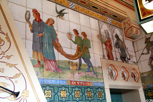 Section of painted tile frieze (1878) of children's stories by Horatio Lonsdale & William Burges in Day Nursery at Cardiff Castle. Cardiff, Wales.