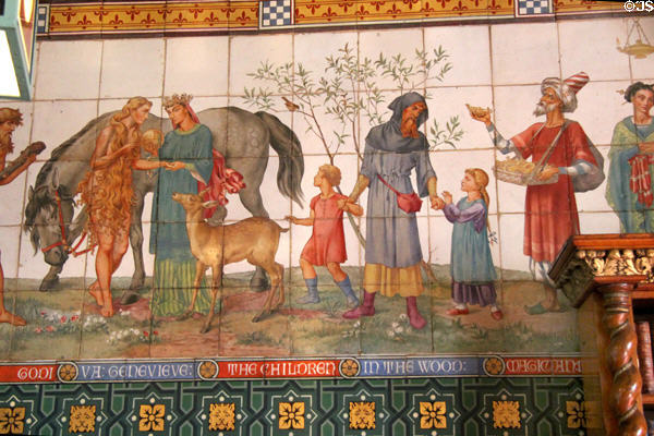 Genevieve & The Children in the Wood sections of painted tile frieze (1878) of children's stories by Horatio Lonsdale & William Burges in Day Nursery at Cardiff Castle. Cardiff, Wales.