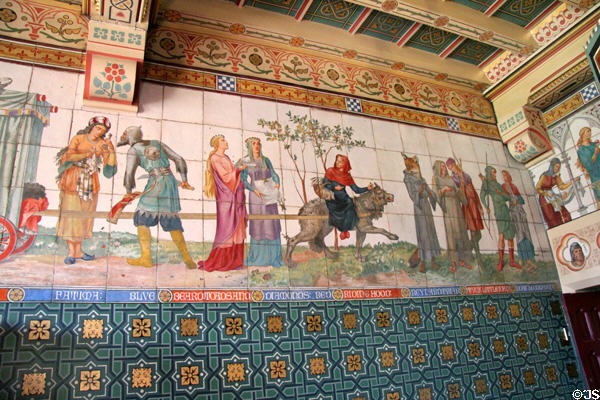 Sections of painted tile frieze (1878) of children's fairy tale stories by Horatio Lonsdale & William Burges in Day Nursery at Cardiff Castle. Cardiff, Wales.