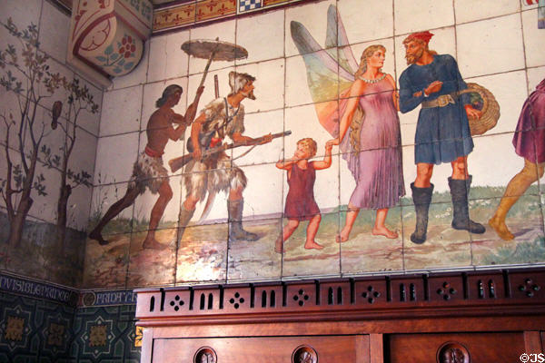 Robinson Caruso & other fairy tale sections of painted tile frieze (1878) of children's stories by Horatio Lonsdale & William Burges in Day Nursery at Cardiff Castle. Cardiff, Wales.