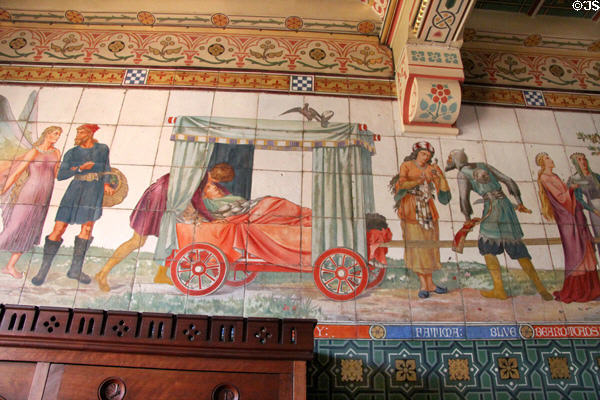 Sleeping Beauty section of painted tile frieze (1878) of children's stories by Horatio Lonsdale & William Burges in Day Nursery at Cardiff Castle. Cardiff, Wales.