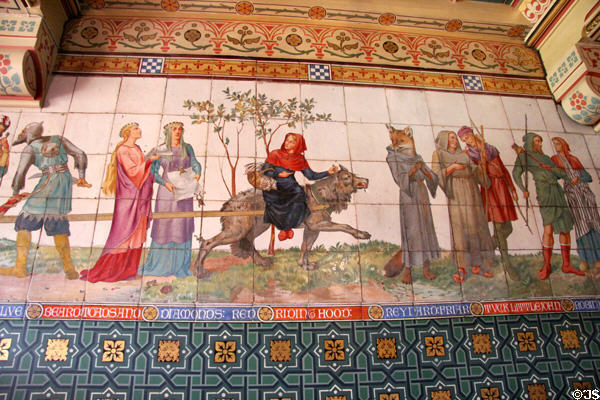 Little Red Riding & Friar Fox sections of painted tile frieze (1878) of children's stories by Horatio Lonsdale & William Burges in Day Nursery at Cardiff Castle. Cardiff, Wales.