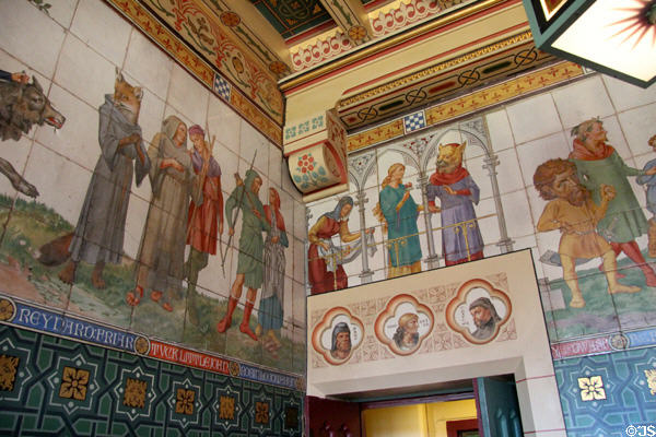 Friar Fox and other fairy tale characters on painted tile frieze (1879) painted by Horatio Lonsdale & William Burges in Day Nursery at Cardiff Castle. Cardiff, Wales.