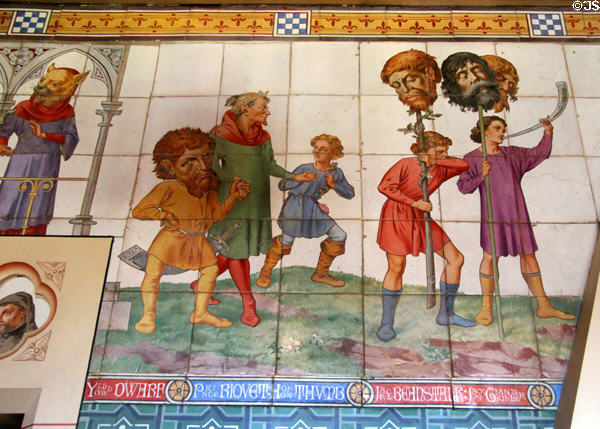 Hop-on-my Thumb plus Jack & the Beanstalk with Jack the Giant Killer sections of painted tiled frieze (1879) of children's stories by Horatio Lonsdale & William Burges in Day Nursery at Cardiff Castle at Cardiff Castle. Cardiff, Wales.