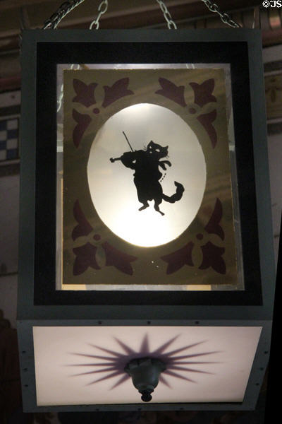 Lamp shade silhouette of cat playing fiddle in nursery rhyme, Hey Diddle Diddle, in Day Nursery at Cardiff Castle. Cardiff, Wales.