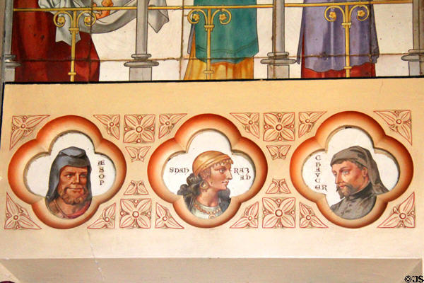 Portraits of children's authors: Aesop, Scheherazade & Chaucer in Day Nursery at Cardiff Castle. Cardiff, Wales.