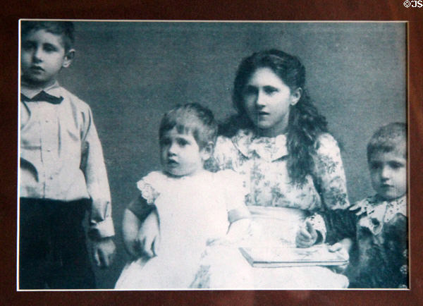 Photo of the four Bute children (c1888), Lady Margaret, Lord Dumfries, Lord Ninian & Lord Colum in Day Nursery at Cardiff Castle. Cardiff, Wales.