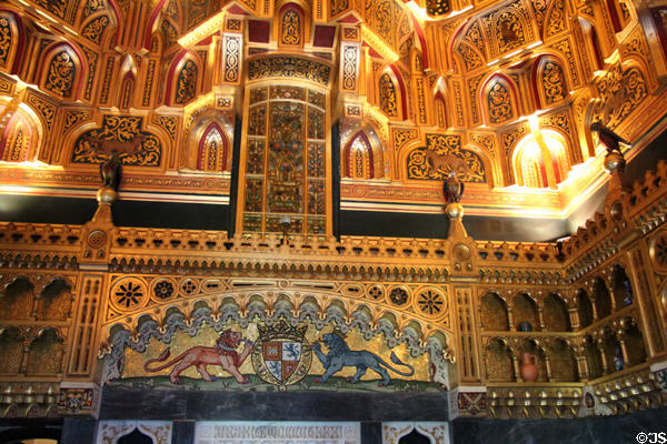 Overview of Arab Room (c1881) showing ceiling & Lord Bute coat-of-arms mosaic at Cardiff Castle. Cardiff, Wales.