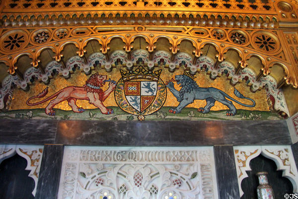 Lord Bute Coat-of-Arms mosaic surrounded by two lions in Arab Room at Cardiff Castle. Cardiff, Wales.