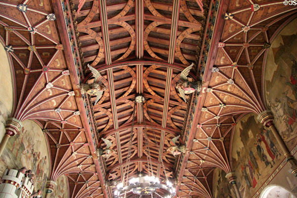 Neo-Gothic hammerbeam ceiling in Banqueting Hall at Cardiff Castle. Cardiff, Wales.