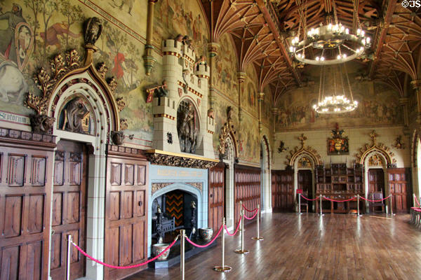 Overview of Banqueting Hall in one of the oldest parts of castle; reconstructed (late 1800s) by Lord Bute & William Burges as a grand entertainment space at Cardiff Castle. Cardiff, Wales.