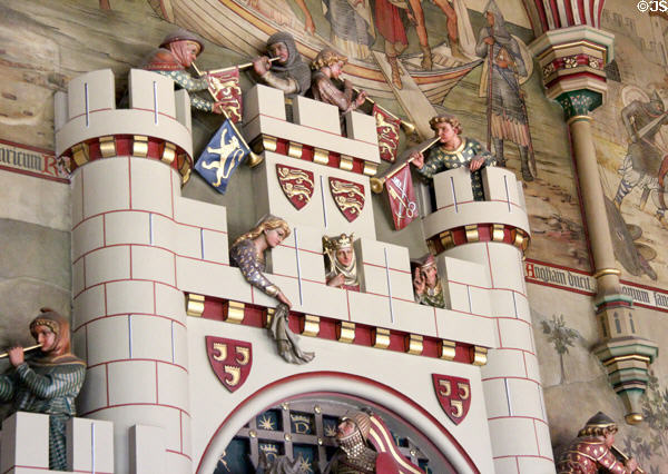 Chimneypiece showing wife, waving her handkerchief, & other well-wishers sending off Robert Earl of Gloucester, Lord of Cardiff Castle as he rides out to battle in Banqueting Hall at Cardiff Castle. Cardiff, Wales.