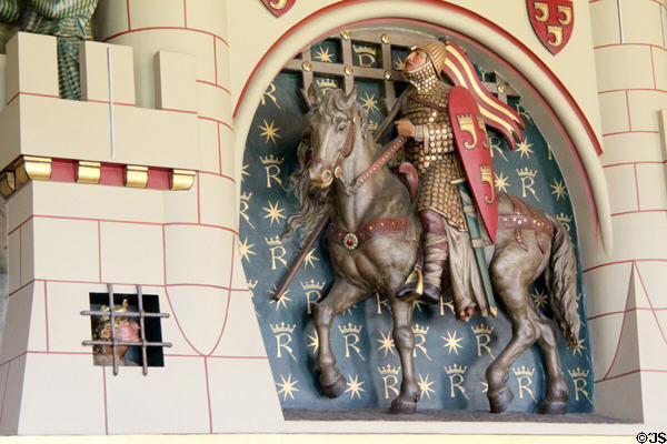 Robert, Earl of Gloucester & Lord of Cardiff Castle riding to battle while Robert Curthose, Duke of Normandy (William the Conqueror's eldest son) languishes in prison in Banqueting Hall at Cardiff Castle. Cardiff, Wales.