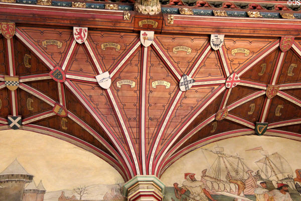 Wooden tracery showing relationship among noble families at Cardiff Castle. Cardiff, Wales.