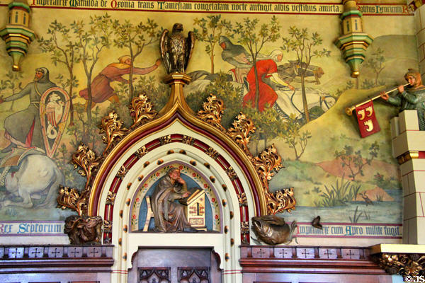 Painted mural (1875) of scene from Anarchy by Horatio Walter Lonsdale & archway with monk in contemplation at Cardiff Castle. Cardiff, Wales.