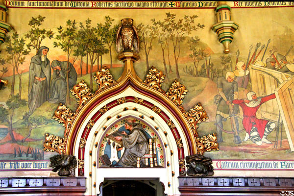 Painted mural (1875) of scene from Anarchy by Horatio Walter Lonsdale & archway with monk in study at Cardiff Castle. Cardiff, Wales.