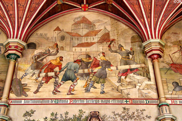 Painted mural (1875) of scene from Anarchy of soldiers ramming doorway by Horatio Walter Lonsdale in Banqueting Hall at Cardiff Castle. Cardiff, Wales.