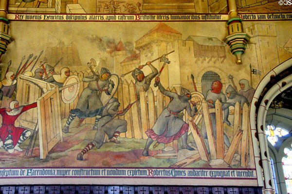 Painted mural (1875) of scene from Anarchy of close battle between opposing sides by Horatio Walter Lonsdale in Banqueting Hall at Cardiff Castle. Cardiff, Wales.